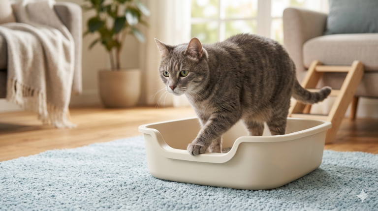 Gato senior usando un arenero de entrada baja para aliviar el dolor por artrosis en gatos mayores