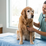 Perro mayor en el veterinario realizando uno de sus chequeos geriátricos anuales