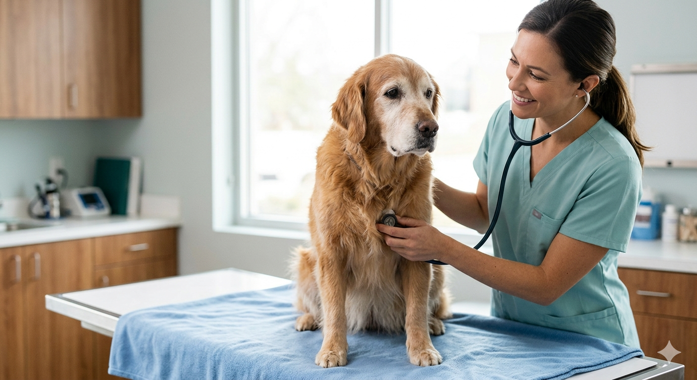 Perro mayor en el veterinario realizando uno de sus chequeos geriátricos anuales